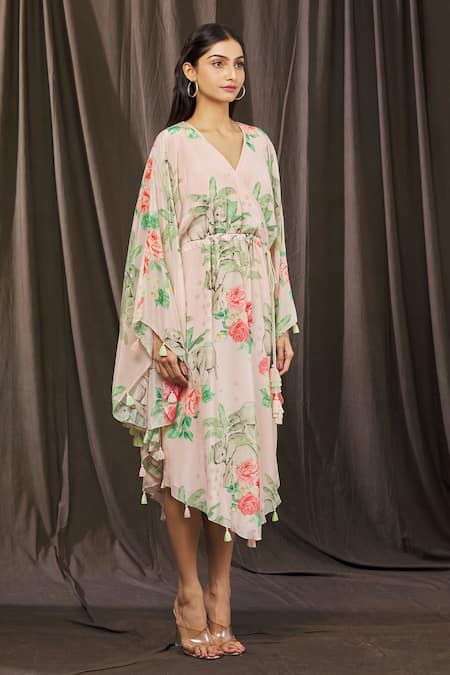 Parul | Vivek_Pink Crepe Tropical V Neck Wrap Style Kaftan _Online_at_Aza_Fashions