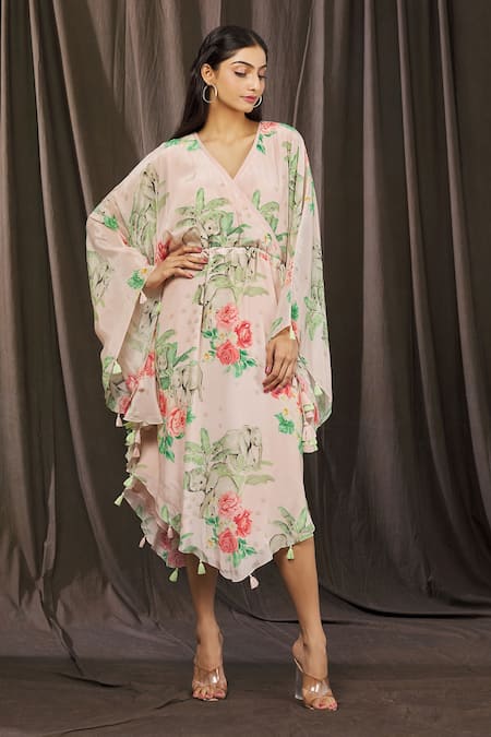Buy_Parul | Vivek_Pink Crepe Tropical V Neck Wrap Style Kaftan _Online_at_Aza_Fashions