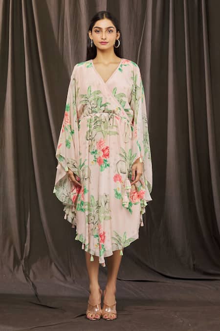 Shop_Parul | Vivek_Pink Crepe Tropical V Neck Wrap Style Kaftan _Online_at_Aza_Fashions