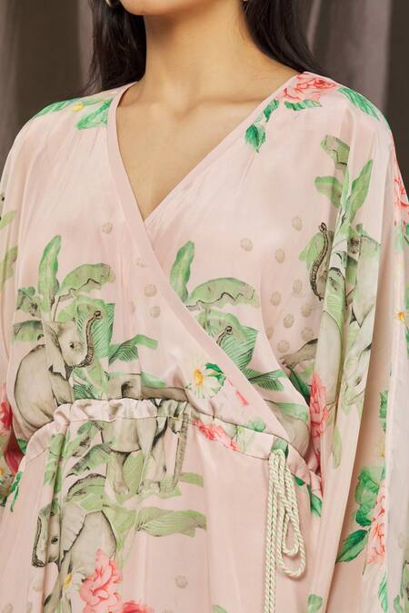 Parul | Vivek_Pink Crepe Tropical V Neck Wrap Style Kaftan _at_Aza_Fashions
