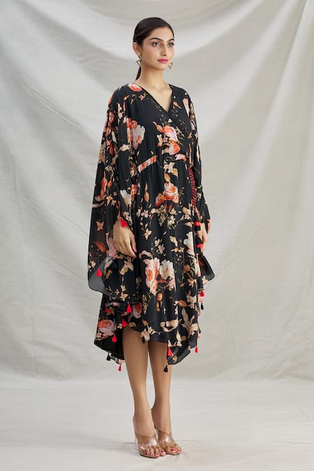 Parul | Vivek_Black Crepe Floral V Neck Wrap Style Kaftan _Online_at_Aza_Fashions
