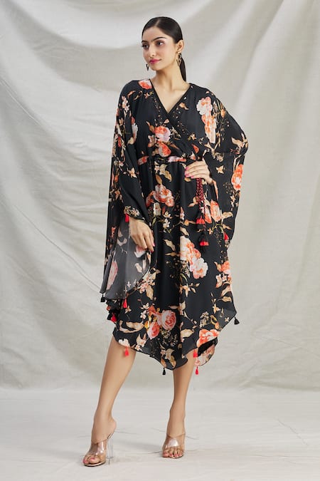 Buy_Parul | Vivek_Black Crepe Floral V Neck Wrap Style Kaftan _Online_at_Aza_Fashions