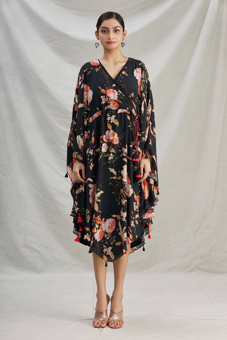 Shop_Parul | Vivek_Black Crepe Floral V Neck Wrap Style Kaftan _Online_at_Aza_Fashions
