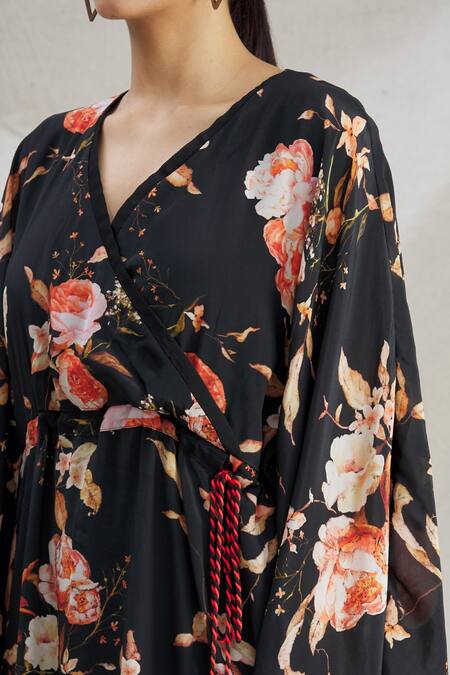 Parul | Vivek_Black Crepe Floral V Neck Wrap Style Kaftan _at_Aza_Fashions