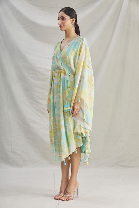 Parul | Vivek_Blue Crepe Floral V Neck Wrap Style Kaftan _Online_at_Aza_Fashions