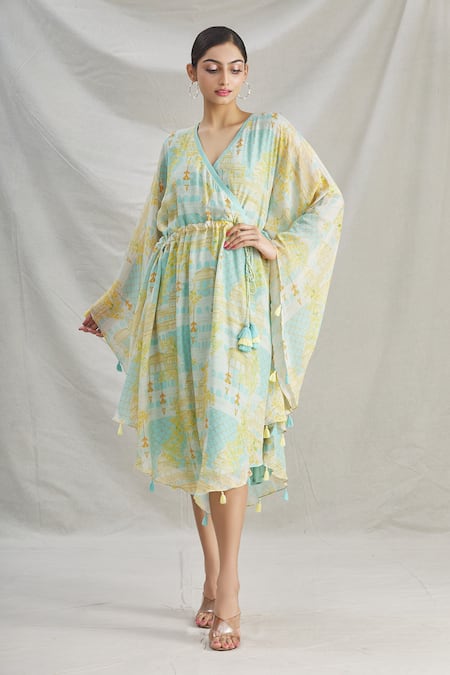 Buy_Parul | Vivek_Blue Crepe Floral V Neck Wrap Style Kaftan _Online_at_Aza_Fashions