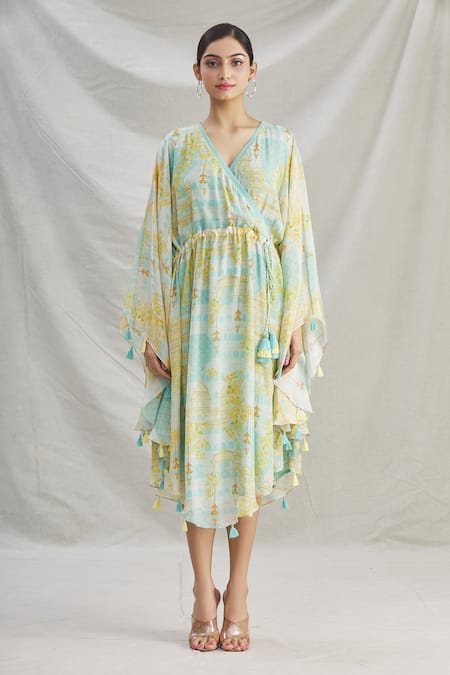 Shop_Parul | Vivek_Blue Crepe Floral V Neck Wrap Style Kaftan _Online_at_Aza_Fashions