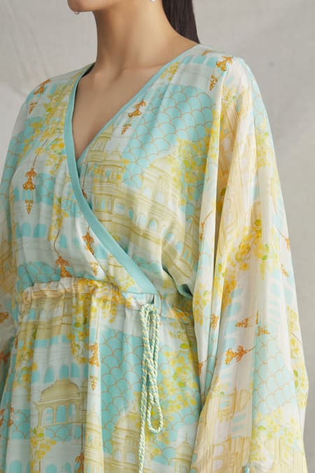 Parul | Vivek_Blue Crepe Floral V Neck Wrap Style Kaftan _at_Aza_Fashions