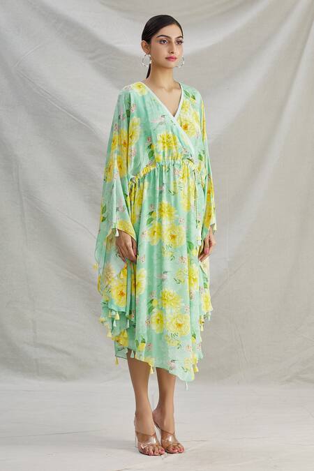 Parul | Vivek_Green Crepe Floral V Neck Wrap Style Kaftan _Online_at_Aza_Fashions