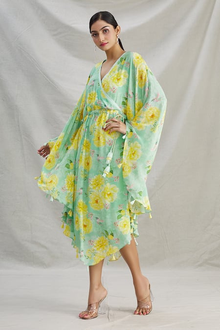 Buy_Parul | Vivek_Green Crepe Floral V Neck Wrap Style Kaftan _Online_at_Aza_Fashions