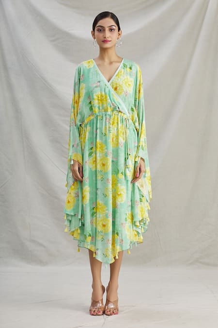 Shop_Parul | Vivek_Green Crepe Floral V Neck Wrap Style Kaftan _Online_at_Aza_Fashions
