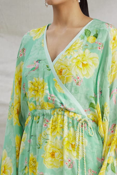 Parul | Vivek_Green Crepe Floral V Neck Wrap Style Kaftan _at_Aza_Fashions