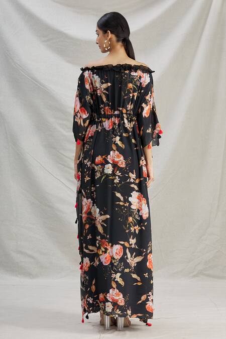 Shop_Parul | Vivek_Black Crepe Printed Floral Straight Across Off Shoulder Kaftan  _at_Aza_Fashions
