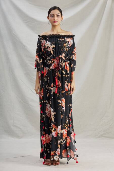 Shop_Parul | Vivek_Black Crepe Printed Floral Straight Across Off Shoulder Kaftan  _Online_at_Aza_Fashions