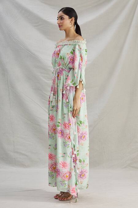 Parul | Vivek_Green Crepe Printed Floral Straight Across Off Shoulder Kaftan  _Online_at_Aza_Fashions