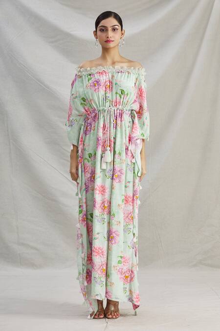Buy_Parul | Vivek_Green Crepe Printed Floral Straight Across Off Shoulder Kaftan  _Online_at_Aza_Fashions