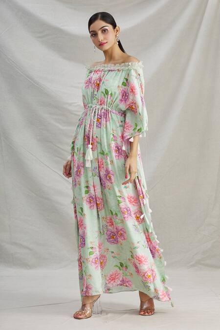 Shop_Parul | Vivek_Green Crepe Printed Floral Straight Across Off Shoulder Kaftan  _Online_at_Aza_Fashions