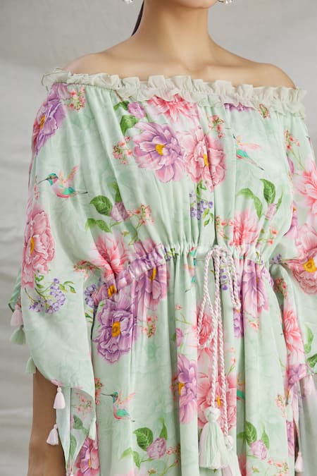 Parul | Vivek_Green Crepe Printed Floral Straight Across Off Shoulder Kaftan  _at_Aza_Fashions