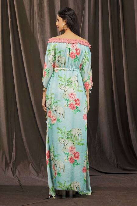 Shop_Parul | Vivek_Blue Crepe Printed Floral Straight Across Off Shoulder Kaftan  _at_Aza_Fashions
