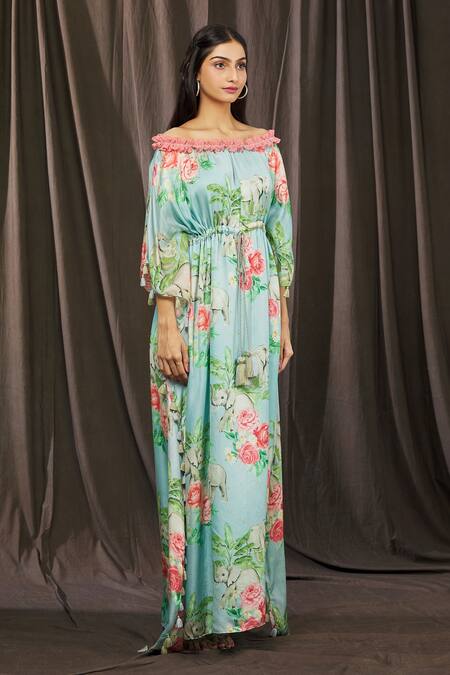Parul | Vivek_Blue Crepe Printed Floral Straight Across Off Shoulder Kaftan  _Online_at_Aza_Fashions