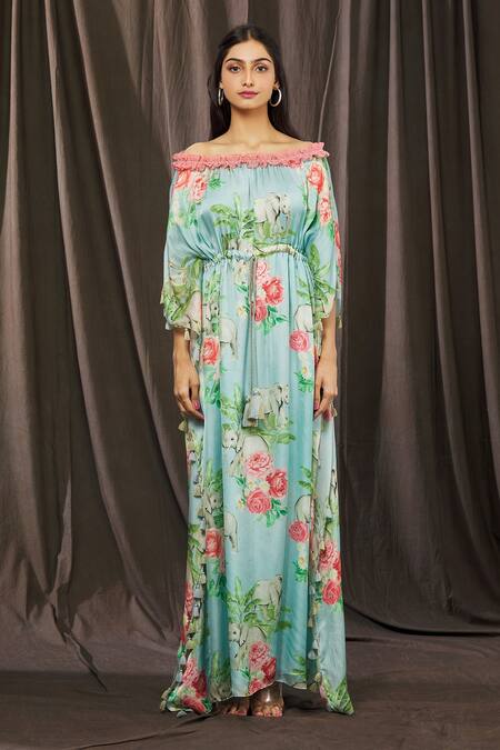 Buy_Parul | Vivek_Blue Crepe Printed Floral Straight Across Off Shoulder Kaftan  _Online_at_Aza_Fashions