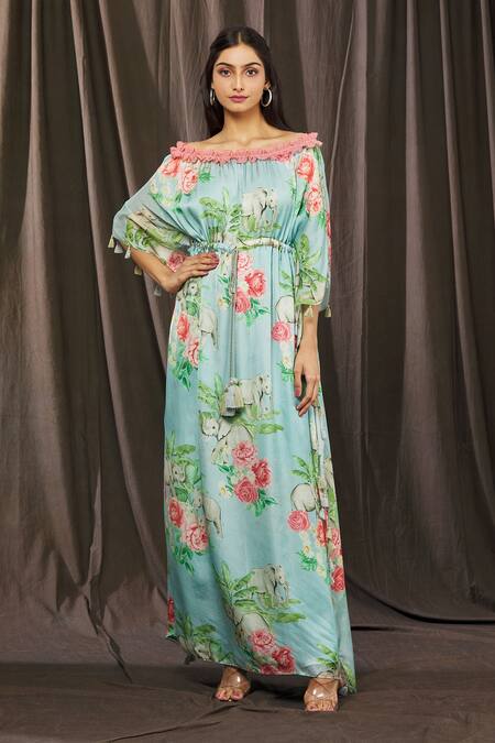 Shop_Parul | Vivek_Blue Crepe Printed Floral Straight Across Off Shoulder Kaftan  _Online_at_Aza_Fashions