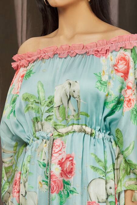 Parul | Vivek_Blue Crepe Printed Floral Straight Across Off Shoulder Kaftan  _at_Aza_Fashions