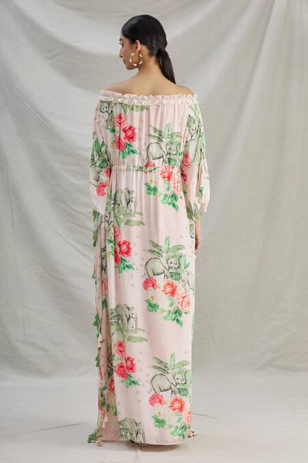 Shop_Parul | Vivek_Pink Crepe Printed Tropical Straight Across Off Shoulder Kaftan  _at_Aza_Fashions