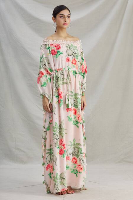 Parul | Vivek_Pink Crepe Printed Tropical Straight Across Off Shoulder Kaftan  _Online_at_Aza_Fashions