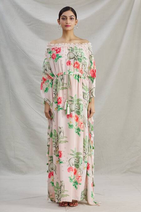 Shop_Parul | Vivek_Pink Crepe Printed Tropical Straight Across Off Shoulder Kaftan  _Online_at_Aza_Fashions