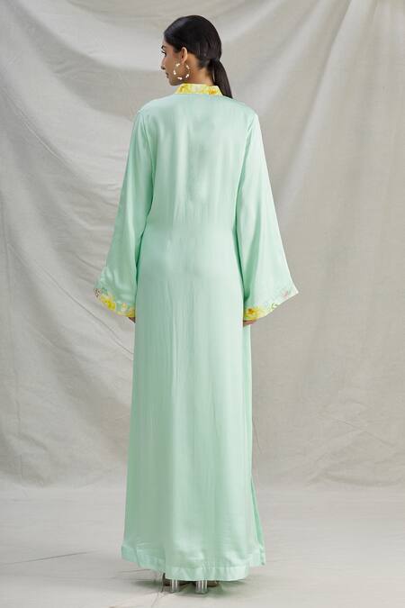 Shop_Parul | Vivek_Green Satin Floral, Sequins, Cristal Work Mandarin Placement Embroidered Kaftan _at_Aza_Fashions