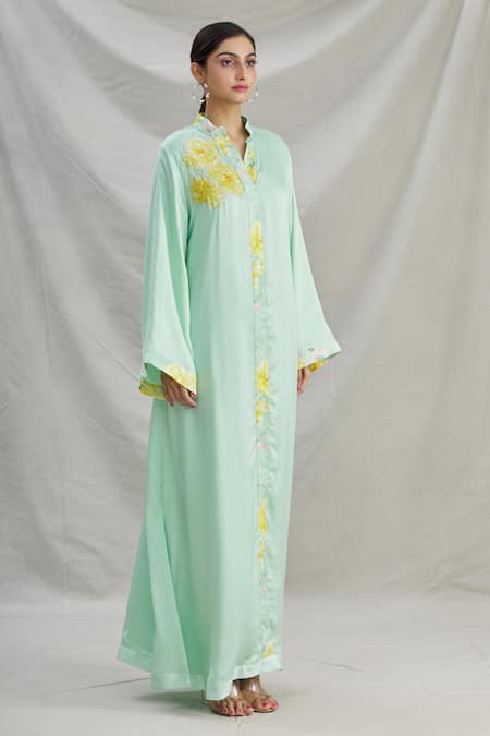 Parul | Vivek_Green Satin Floral, Sequins, Cristal Work Mandarin Placement Embroidered Kaftan _Online_at_Aza_Fashions