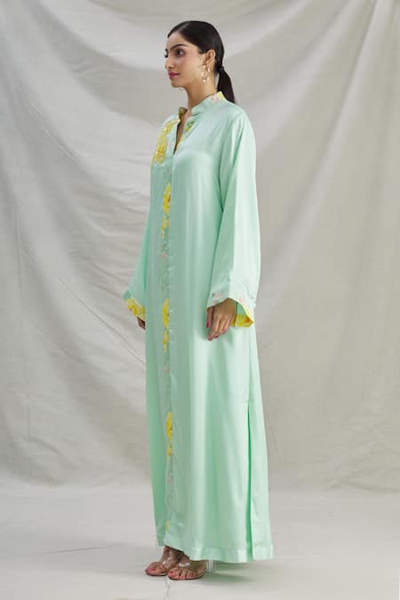 Buy_Parul | Vivek_Green Satin Floral, Sequins, Cristal Work Mandarin Placement Embroidered Kaftan _Online_at_Aza_Fashions