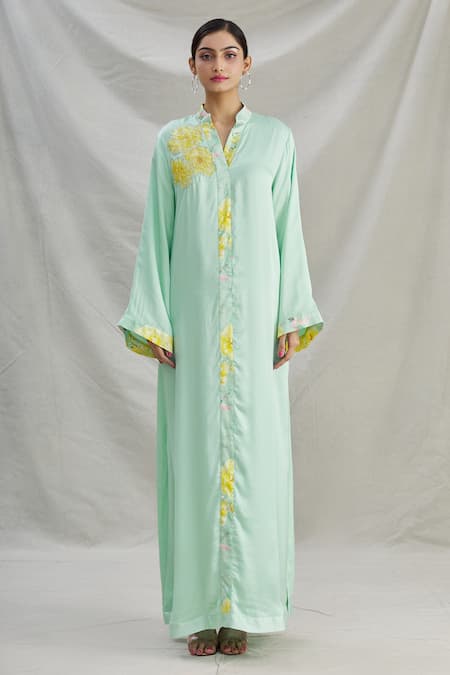 Shop_Parul | Vivek_Green Satin Floral, Sequins, Cristal Work Mandarin Placement Embroidered Kaftan _Online_at_Aza_Fashions