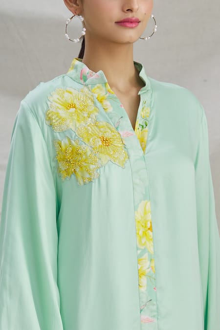 Parul | Vivek_Green Satin Floral, Sequins, Cristal Work Mandarin Placement Embroidered Kaftan _at_Aza_Fashions