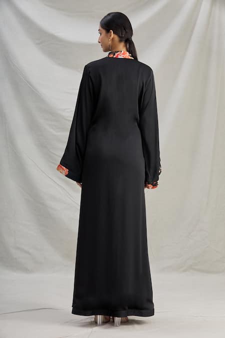 Shop_Parul | Vivek_Black Satin Floral, Sequins, Cristal Work Mandarin Placement Embroidered Kaftan _at_Aza_Fashions