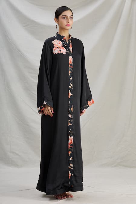 Parul | Vivek_Black Satin Floral, Sequins, Cristal Work Mandarin Placement Embroidered Kaftan _Online_at_Aza_Fashions