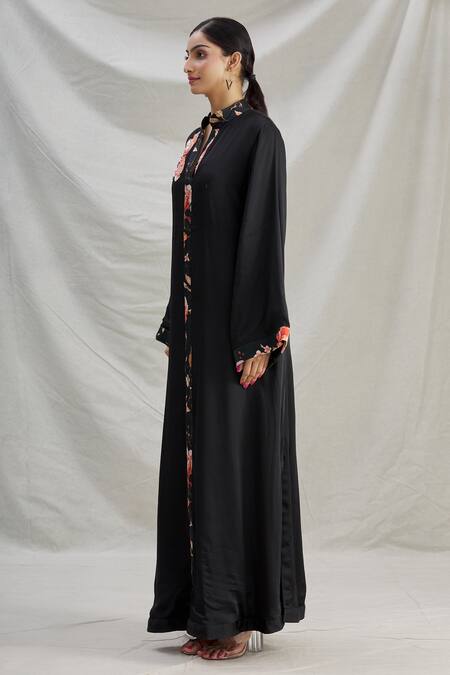 Buy_Parul | Vivek_Black Satin Floral, Sequins, Cristal Work Mandarin Placement Embroidered Kaftan _Online_at_Aza_Fashions