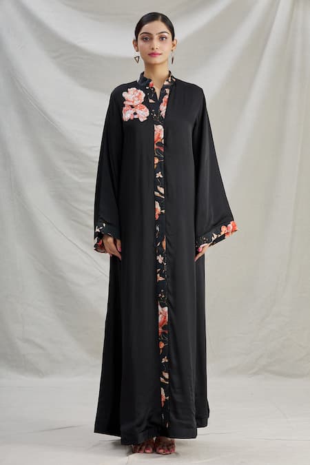 Shop_Parul | Vivek_Black Satin Floral, Sequins, Cristal Work Mandarin Placement Embroidered Kaftan _Online_at_Aza_Fashions
