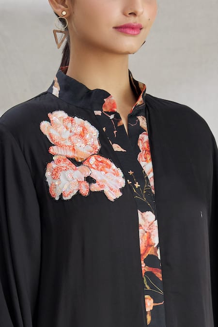 Parul | Vivek_Black Satin Floral, Sequins, Cristal Work Mandarin Placement Embroidered Kaftan _at_Aza_Fashions