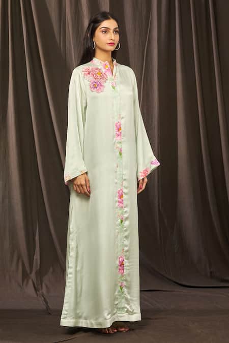 Parul | Vivek_Blue Satin Floral, Sequins, Cristal Work Mandarin Placement Embroidered Kaftan _Online_at_Aza_Fashions