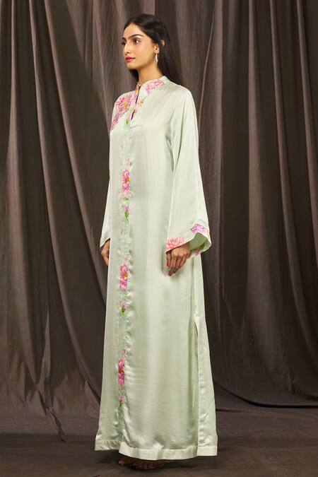 Buy_Parul | Vivek_Blue Satin Floral, Sequins, Cristal Work Mandarin Placement Embroidered Kaftan _Online_at_Aza_Fashions