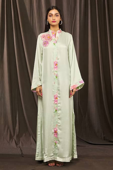 Shop_Parul | Vivek_Blue Satin Floral, Sequins, Cristal Work Mandarin Placement Embroidered Kaftan _Online_at_Aza_Fashions