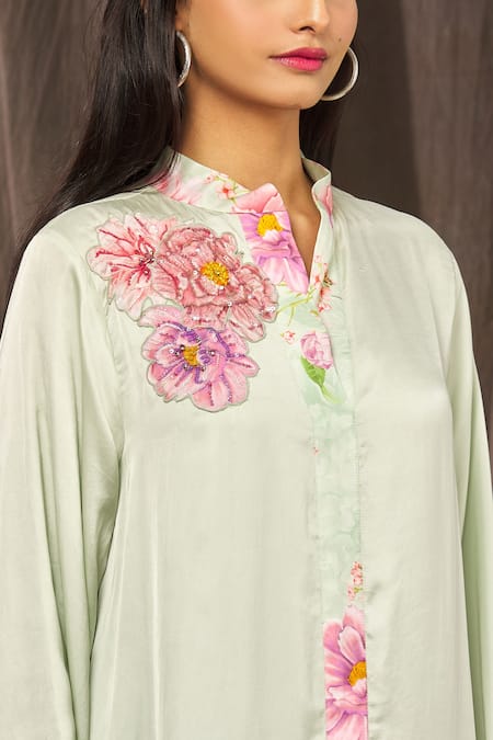 Parul | Vivek_Blue Satin Floral, Sequins, Cristal Work Mandarin Placement Embroidered Kaftan _at_Aza_Fashions