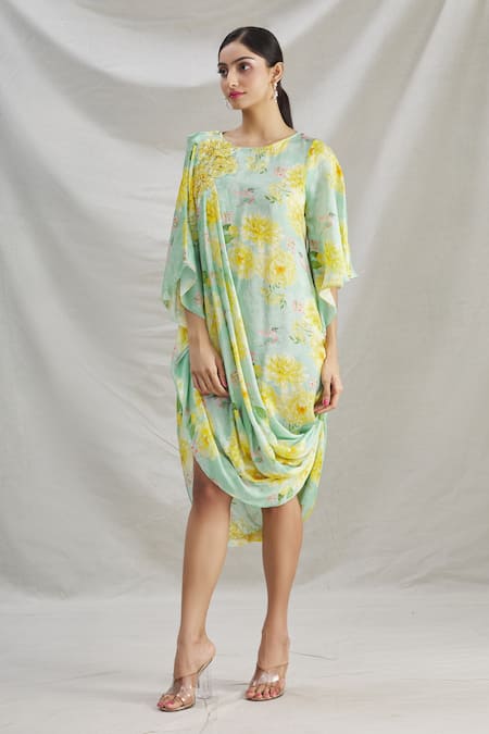 Parul | Vivek Green Crepe Printed Floral Round Cowl Dress  