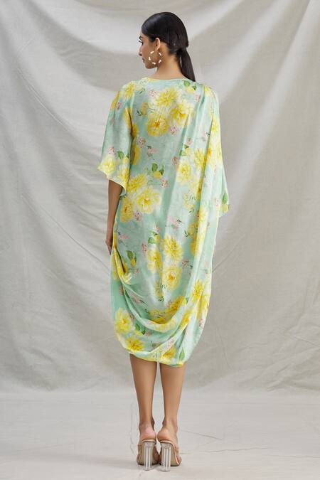 Shop_Parul | Vivek_Green Crepe Printed Floral Round Cowl Dress  _at_Aza_Fashions