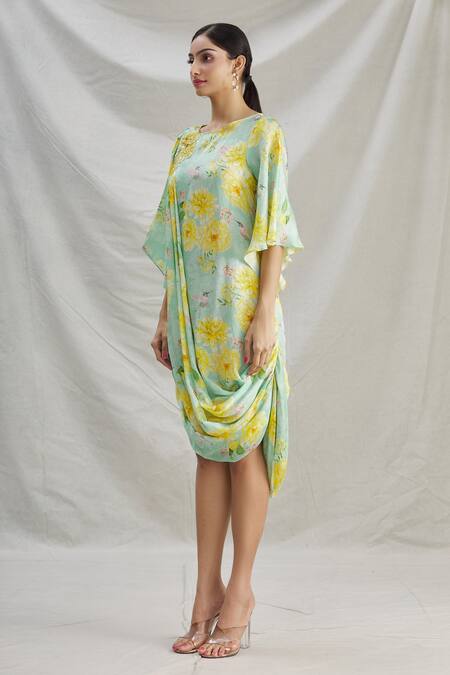 Buy_Parul | Vivek_Green Crepe Printed Floral Round Cowl Dress  _Online_at_Aza_Fashions