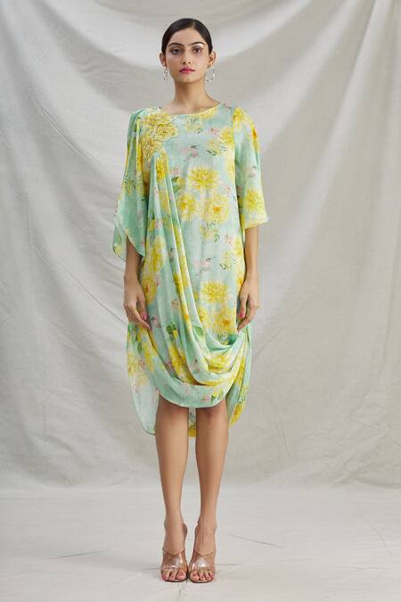 Shop_Parul | Vivek_Green Crepe Printed Floral Round Cowl Dress  _Online_at_Aza_Fashions