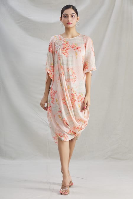 Parul | Vivek Pink Crepe Printed Floral Round Cowl Dress 