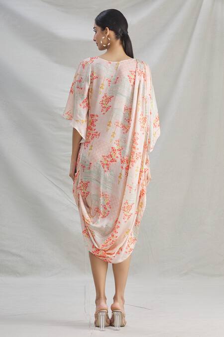 Shop_Parul | Vivek_Pink Crepe Printed Floral Round Cowl Dress  _at_Aza_Fashions